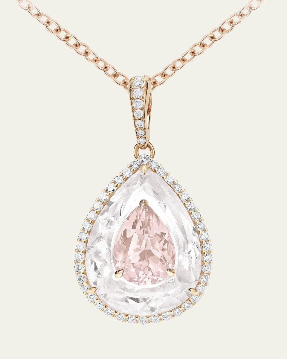 18K Rose Gold Inlay Shine Pendant with Morganite, Rock Crystal and Diamonds